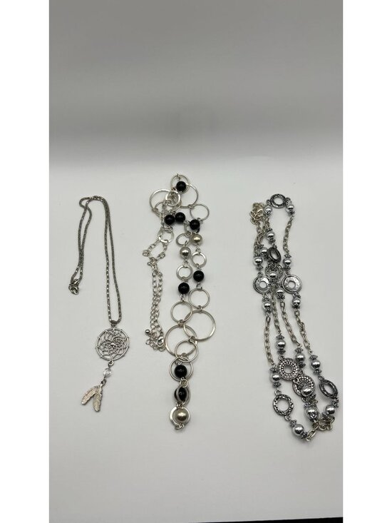 Rmn Jewelry - Set Of 3 Silver-Tone Necklaces With Dreamcatcher Beaded Rings & Ornamental Desig